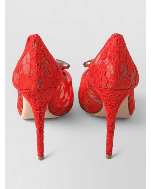 Dolce & Gabbana Red Crystal-Embellished Lace Peep-Toe Pumps