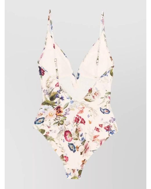 Zimmermann White Patience Swimsuit Deep V Neck Floral