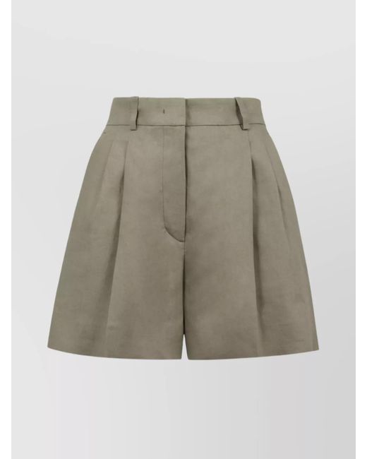 Kiton Green Linen High Waist Pleated Shorts With Belt Loops