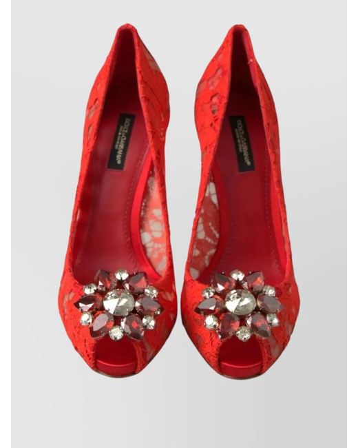 Dolce & Gabbana Red Crystal-Embellished Lace Peep-Toe Pumps