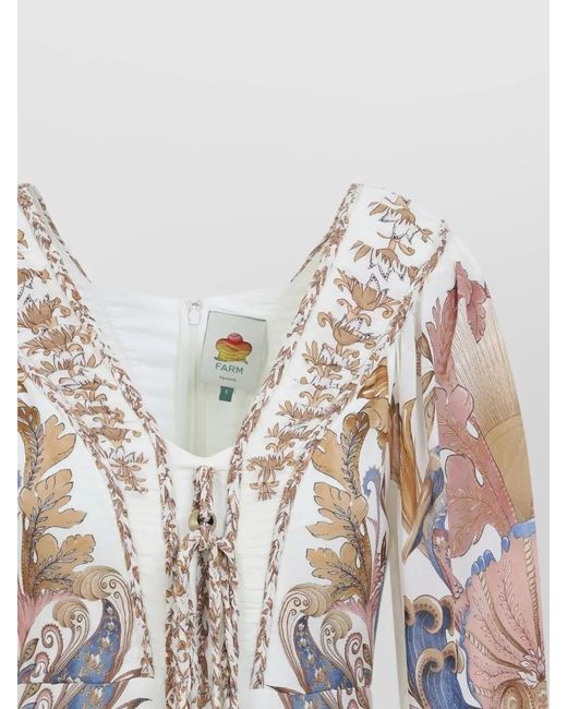 Farm Rio White Floral Long Sleeve Tiered Ruffle V Neck Dress