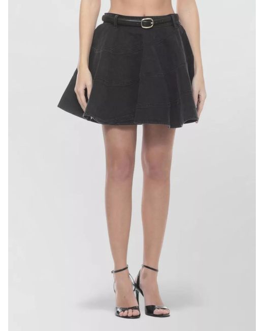 Self-Portrait Black Denim Skirt Asymmetric Hem Belted Waist