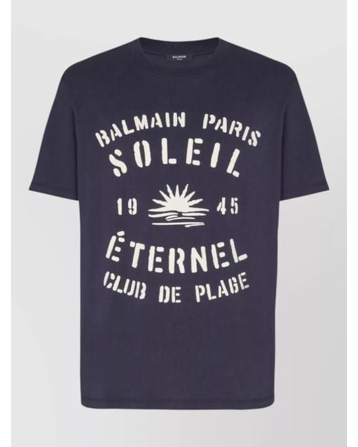 Balmain Blue Crew Neck Graphic Print Short Sleeve T-Shirt for men