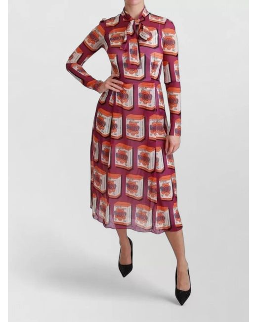 Dolce & Gabbana Red Silk Printed Tie-Neck Long-Sleeve Midi Dress