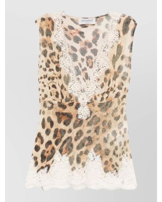 ERMANNO FIRENZE Natural Animal Print Lace Trim Sleeveless V Neck Top