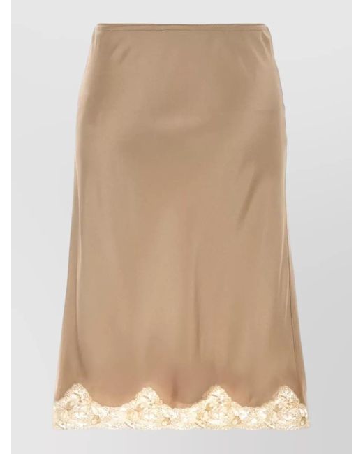 Saint Laurent Natural Satin Midi Skirt Lace Trim Detail