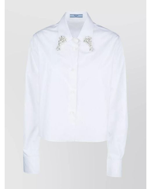 Prada White Crystal Embellished Cotton Poplin Shirt