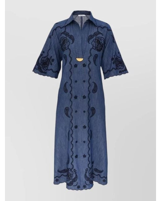 Zimmermann Blue Denim Midi Dress Paisley Embroidery Neckline