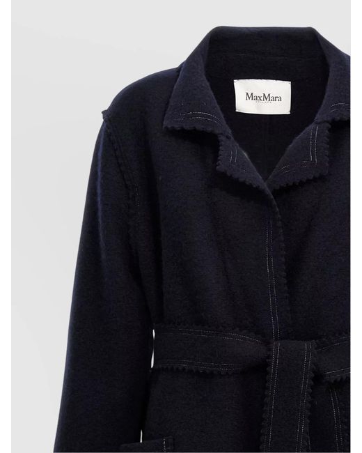 Max Mara Blue 'Waist Belt Long Sleeves Textured Fabric'