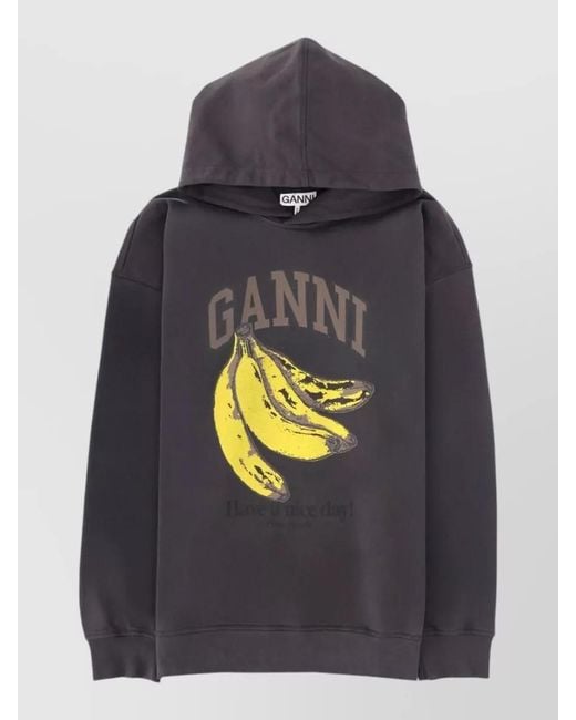 Ganni Gray Hoodie Graphic Print Hood Long Sleeves