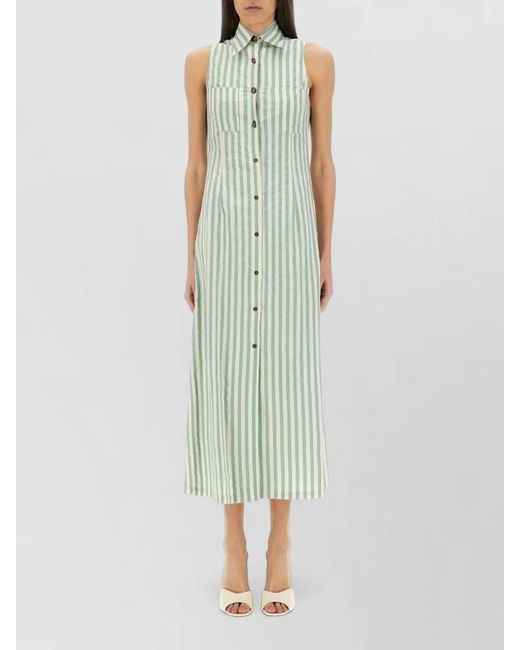 Alysi Green Striped Sleeveless Chemisier Dress Side Slit