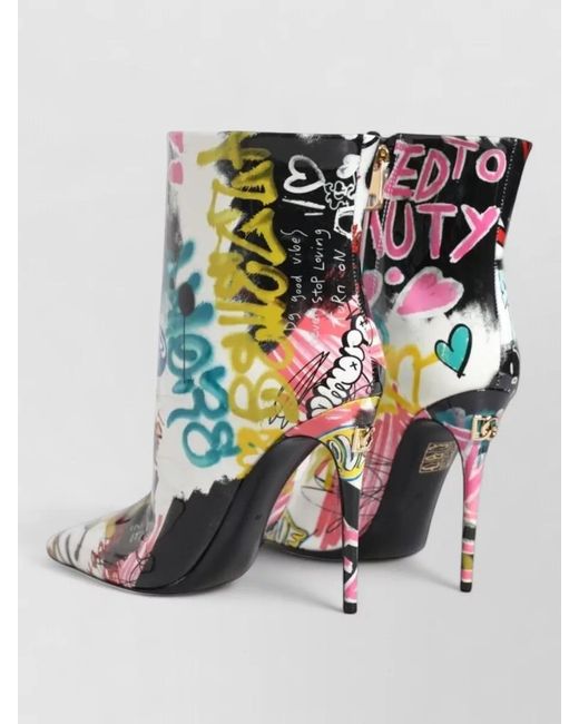 Dolce & Gabbana Gray Leather Graffiti-Print Mid-Calf Boots