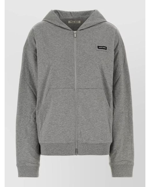 Miu Miu Gray Hooded Sweatshirt Long Sleeves Ribbed Trims