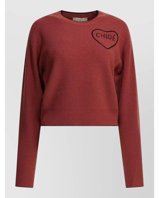 Chloé Red Wool Cashmere Crew Neck Heart Knitwear