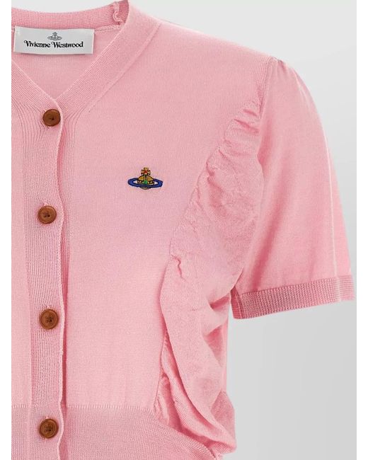 Vivienne Westwood Pink Silk Wool Draped Cropped V-Neck Short-Sleeve Knitted Top