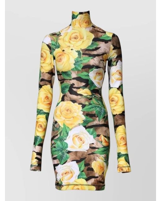 Dolce & Gabbana Yellow Floral Print Sheath Dress High Neckline