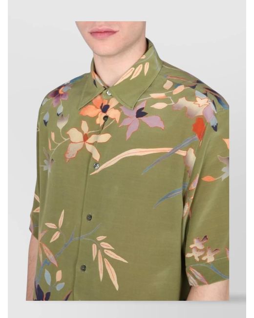 Etro Green Floral-Print Silk Short-Sleeve Shirt for men