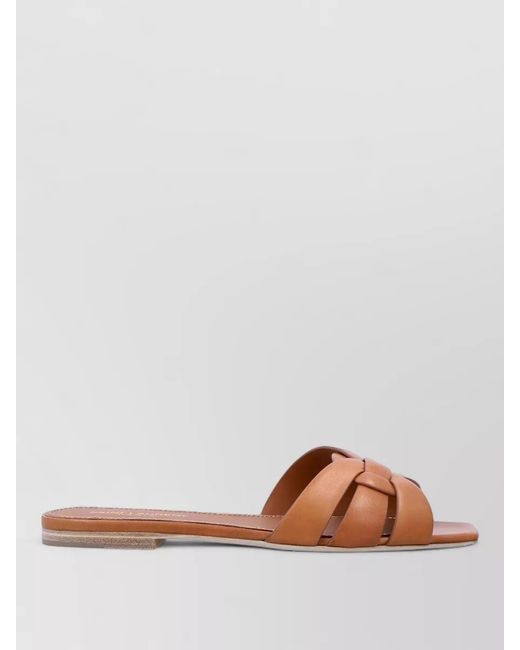 Saint Laurent Brown Tribute Flat Sandals Leather Straps Square Toe