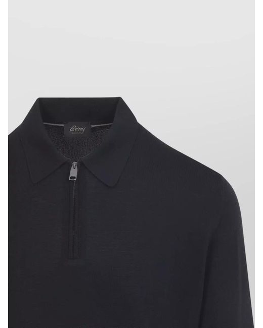 Brioni Blue Wool Long-Sleeve Zip Polo Shirt for men