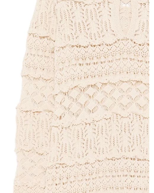 Semicouture Natural Crochet Mini Dress Keyhole Neckline Ruffles