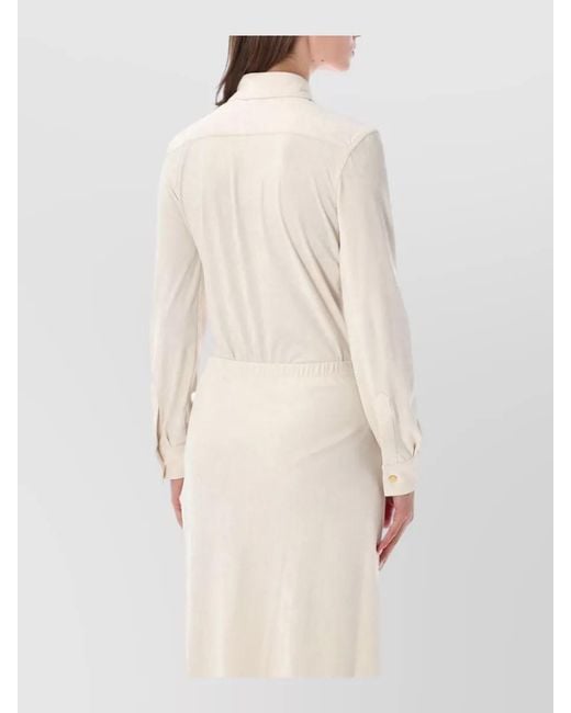 Alberta Ferretti Natural Stretch Velvet Dress Collared Long Sleeves