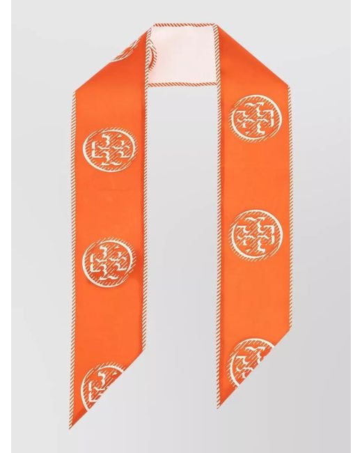 Tory Burch Orange Medallion Logo Silk Ribbon Tie Scarf
