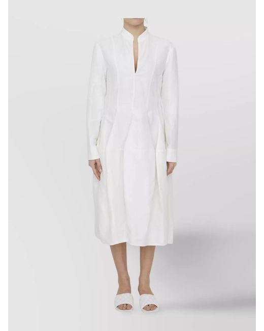 Bottega Veneta White Linen And Viscose Dress With Buttoned Sleeves