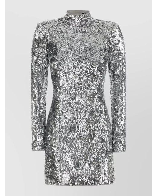 Balmain Gray High Neck Sequin Mini Dress Long Sleeves