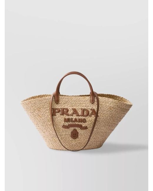 Prada Multicolor Large Woven Raffia Tote Bag With Leather Trim