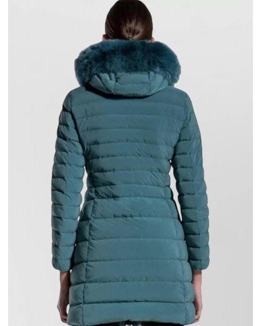 Peuterey Green Hooded Long Coat Fur Trim Quilted Pockets
