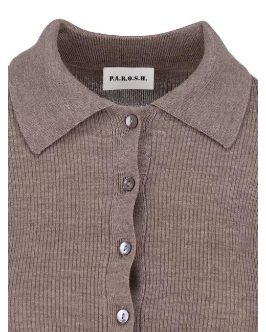 P.A.R.O.S.H. Gray Ribbed Collared Top Long Sleeves Buttons