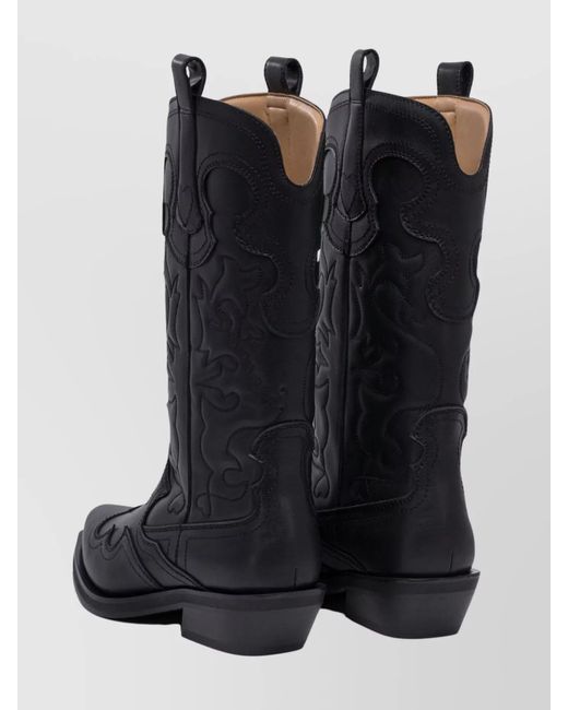 Ganni Black Embroidered Western Mid-Calf Boots