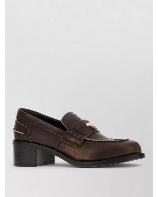 Miu Miu Brown Leather Loafers Block Heel Closed Toe Strap