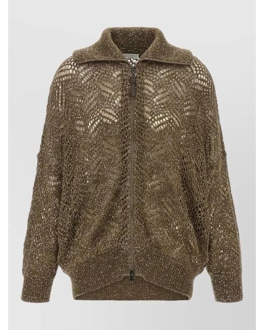 Brunello Cucinelli Green Mohair-Blend Ribbed High-Neck Zip-Up Cardigan