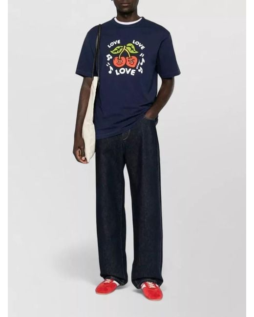 KENZO Blue T Shirt Cherry Graphic Front for men