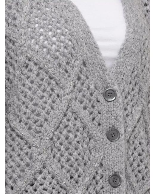 Peserico Gray Wool Perforated V-Neck Long-Sleeve Cardigan
