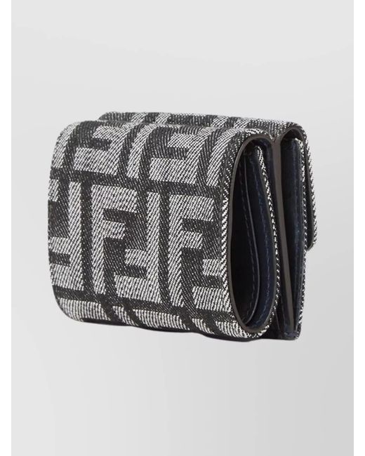 Fendi Gray Denim Logo-Jacquard Micro Trifold Wallet