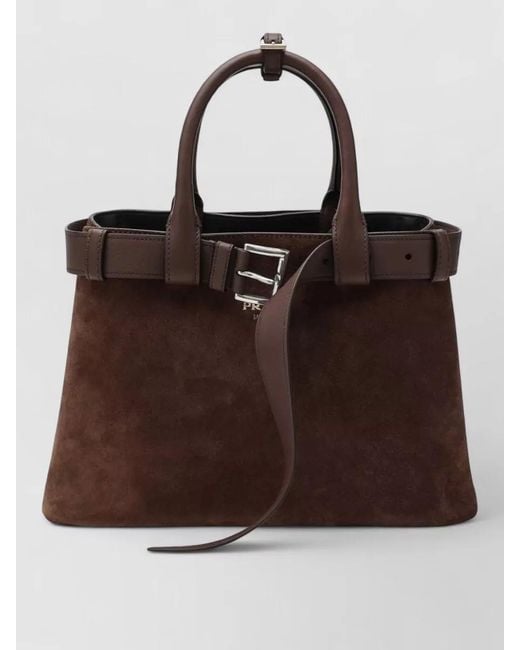 Prada Brown Tote Bag Buckle Detail Structured Shape Suede