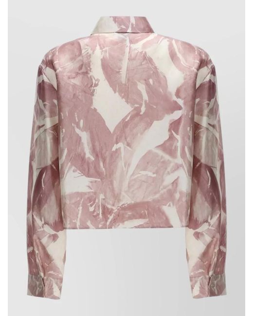 Alysi Pink Silk Shirt Abstract Print Collared Neck Long Sleeves