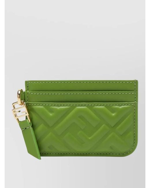 Fendi Green Embossed Pattern Wallet Tone Hardware Keyring