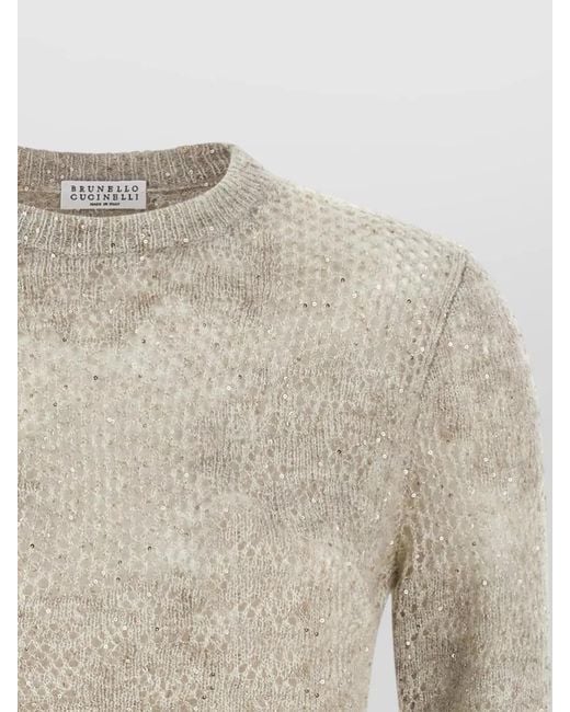 Brunello Cucinelli Natural Flower Lace Knit Sequin Crewneck Sweater