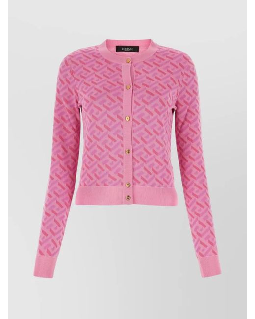 Versace Pink Silk Jacquard Crewneck Cardigan