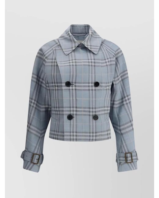 Burberry Blue Tailored Collared Check Jacket With Pockets