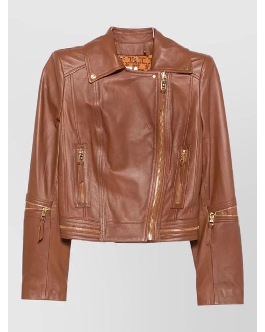 Elisabetta Franchi Brown Leather Coat Notched Lapels Tone Hardware