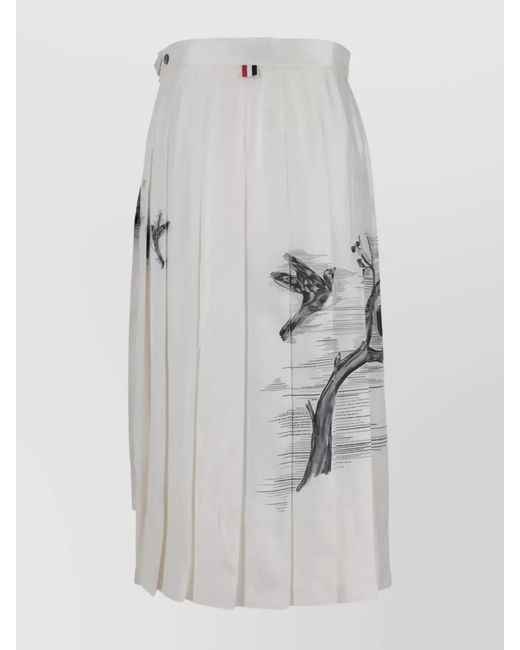 Thom Browne Gray Silk Printed Pleated Knee-Length Skirt