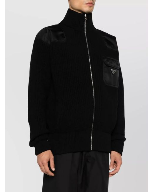 Prada Black Cashmere Wool Ribbed Oversized Zip Cardigan for men