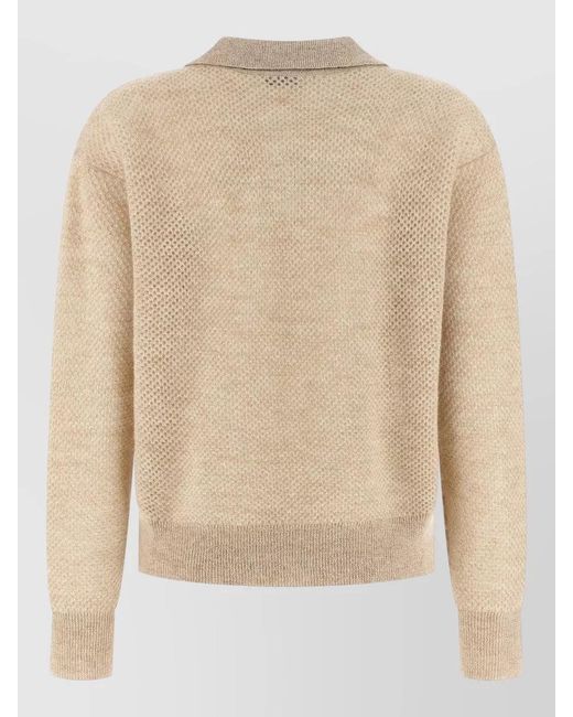 Brunello Cucinelli Natural Waffle-Knit Long-Sleeve Polo Top