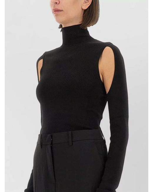 Helmut Lang Black Knit Top Slim Fit Turtleneck Cutout Shoulders