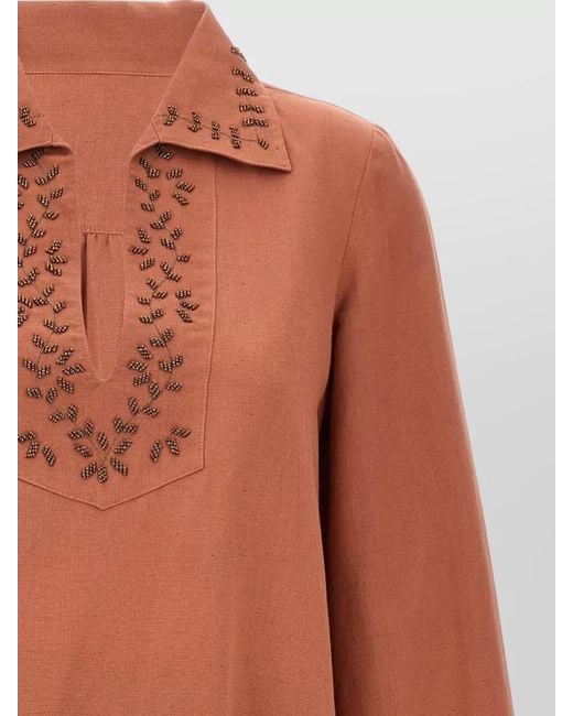 Fortela Brown Genevieve Shirt Dress Embroidered Front Pockets