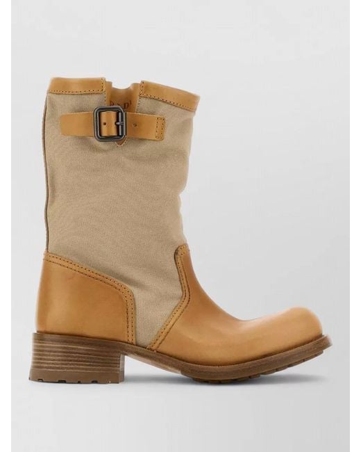 Prada Brown Canvas Leather Boots Round Toe Buckle